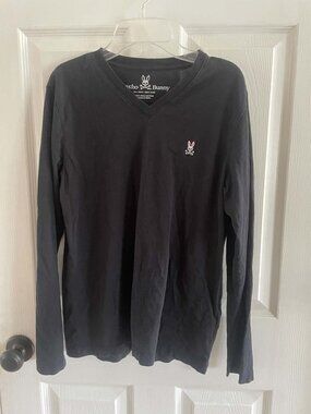 Psycho Bunny Long Sleeved Black Women's V Neck T Shirt Top Sz 3 XS Excellent